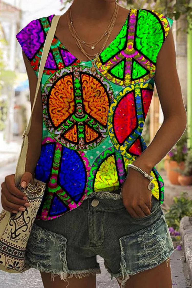 🔥kukelife🔥Hippie Art Love Peace Symbol Floral Print V-Neck Tank Top