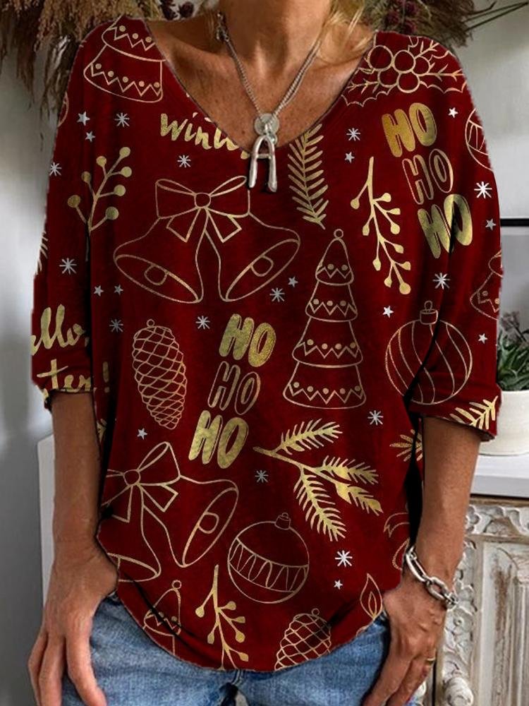 Women's Christmas Art Printed Half Sleeved V-Neck T-Shirt
