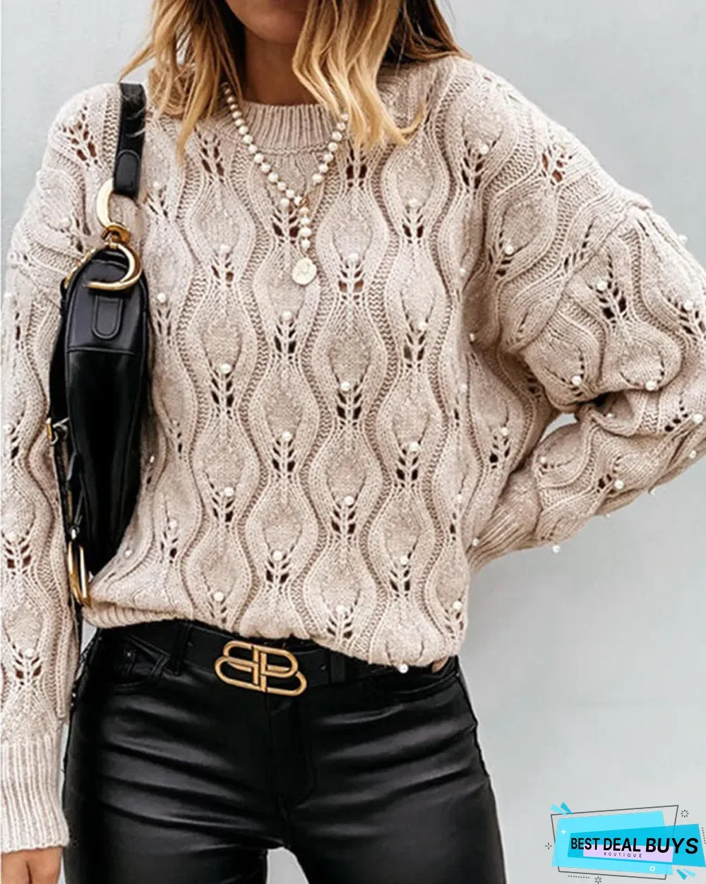 Pearls Decor Drop Shoulder Open Knit Sweater