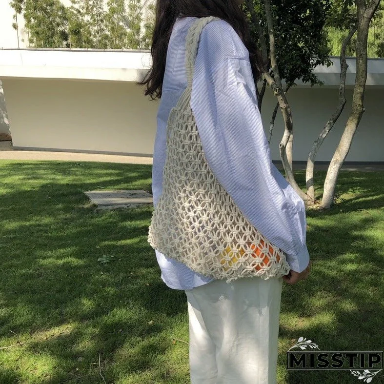 Paziye Shoulder Woven Bag Handbag Handmade Cotton Rope Net Bag Beach Bag