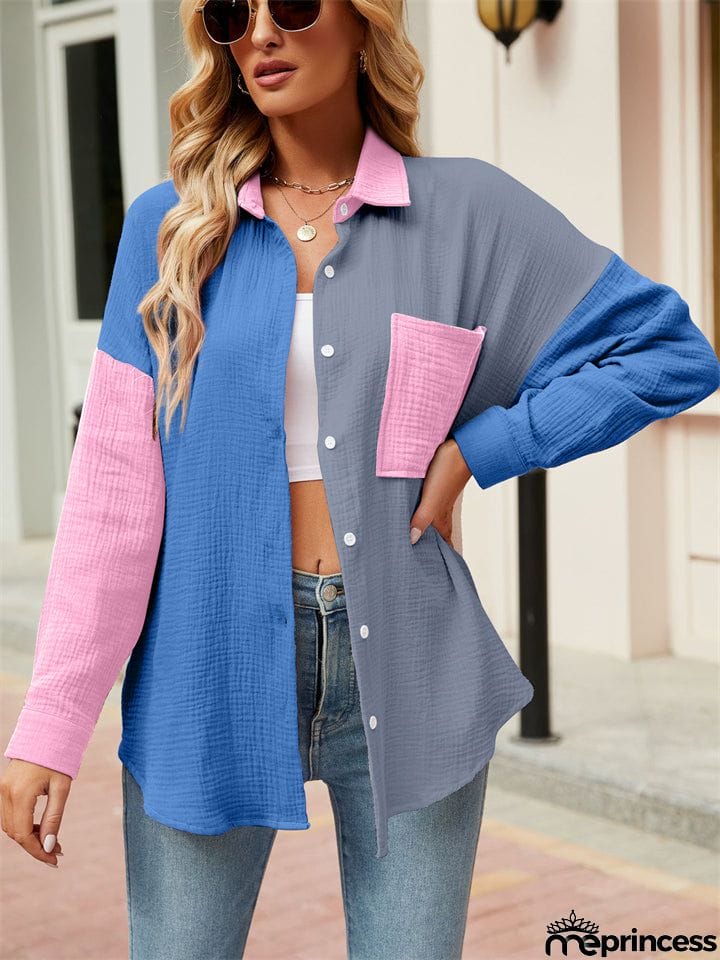 Vibrant Women's Contrast Color Lapel Long Sleeve Button Down Shirt