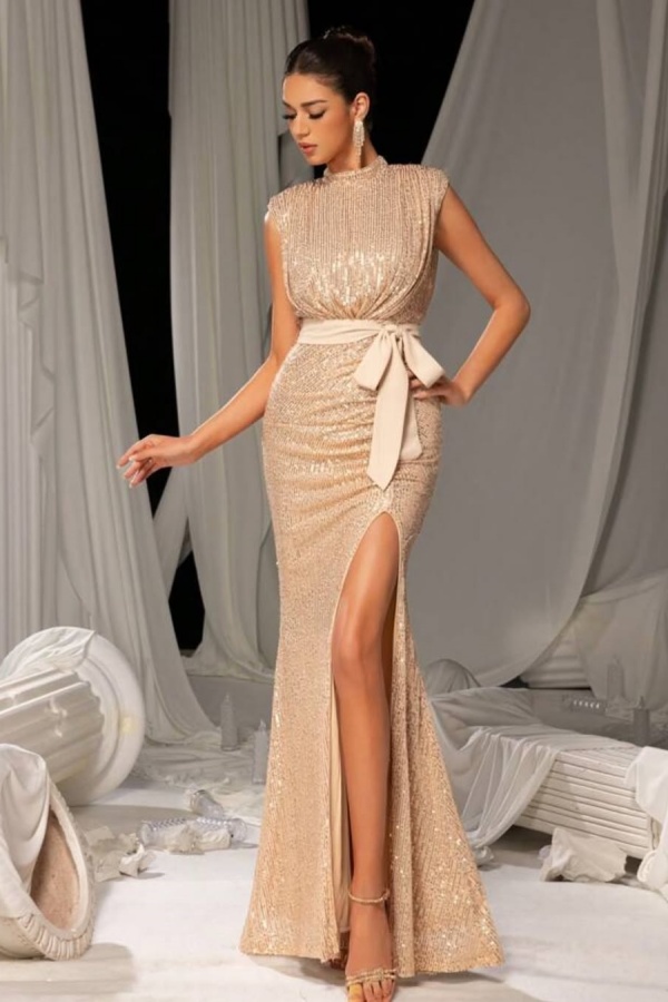 Sequins Champagne Split Sleeveless Evening Dress | ZT0354