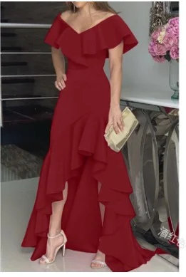 Uveng Uveng Temperament Sexy V-Neck Irregular Solid Color Hem Leaves On The Edge Of The Individual Design Lady Dress