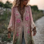 Vintage Flowers Lace Fiber Art Gradient Linen Cardigan - Image 2