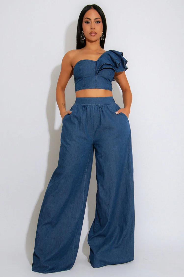 One Shoulder Ruffle Crop Top Wide Leg Pants Denim 2pcs Set-Blue [Pre Order]