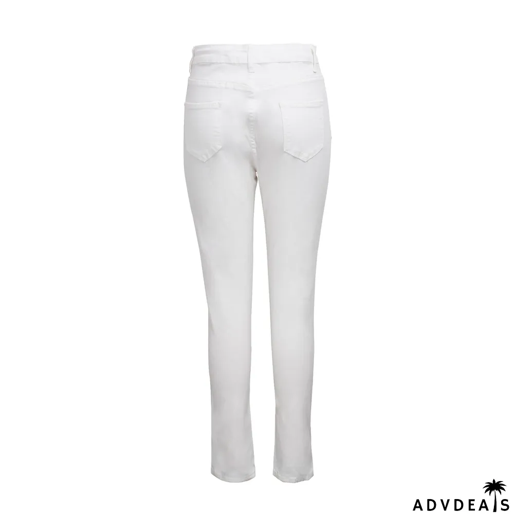 White Denim Ripped Hole High Waist Long Jeans