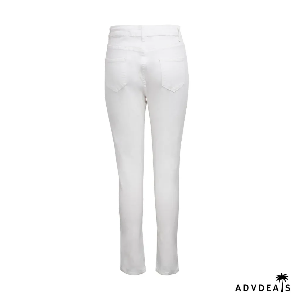 White Denim Ripped Hole High Waist Long Jeans