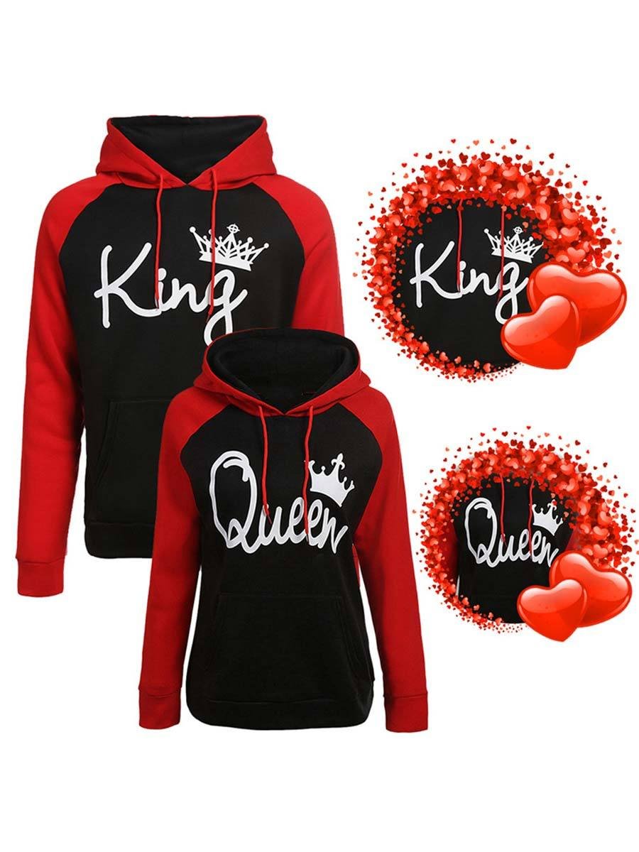 King Queen Couple Pullover Color Matching Print Hoodie Sweatershirt