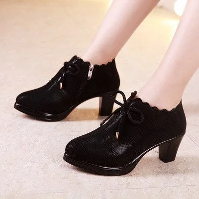GKTINOO Plus Size 33-43 Block Heel Deep Mouth Platform Pumps Women Shoes 2022 Black High Heels Shoes Ladies Leather Shoe Office