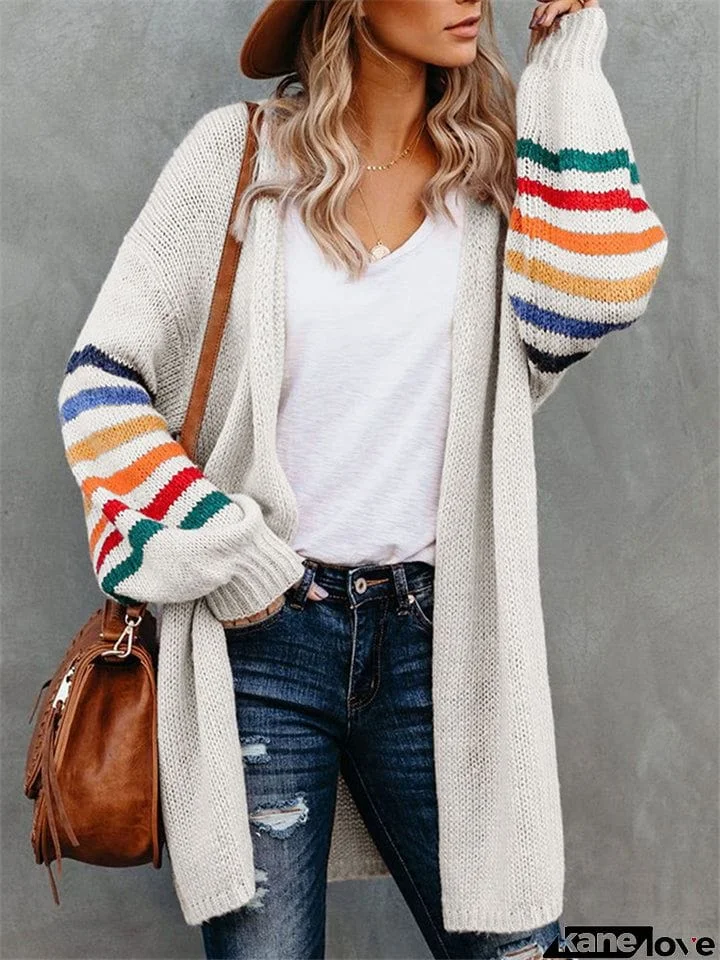 Women's Loose Casual Rainbow Stripe Long Sleeve Sweaters Coats
