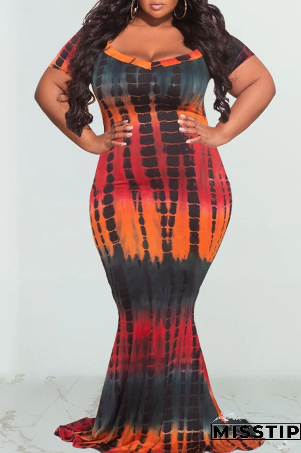 Tangerine Red Casual Print Patchwork V Neck Straight Plus Size Dresses
