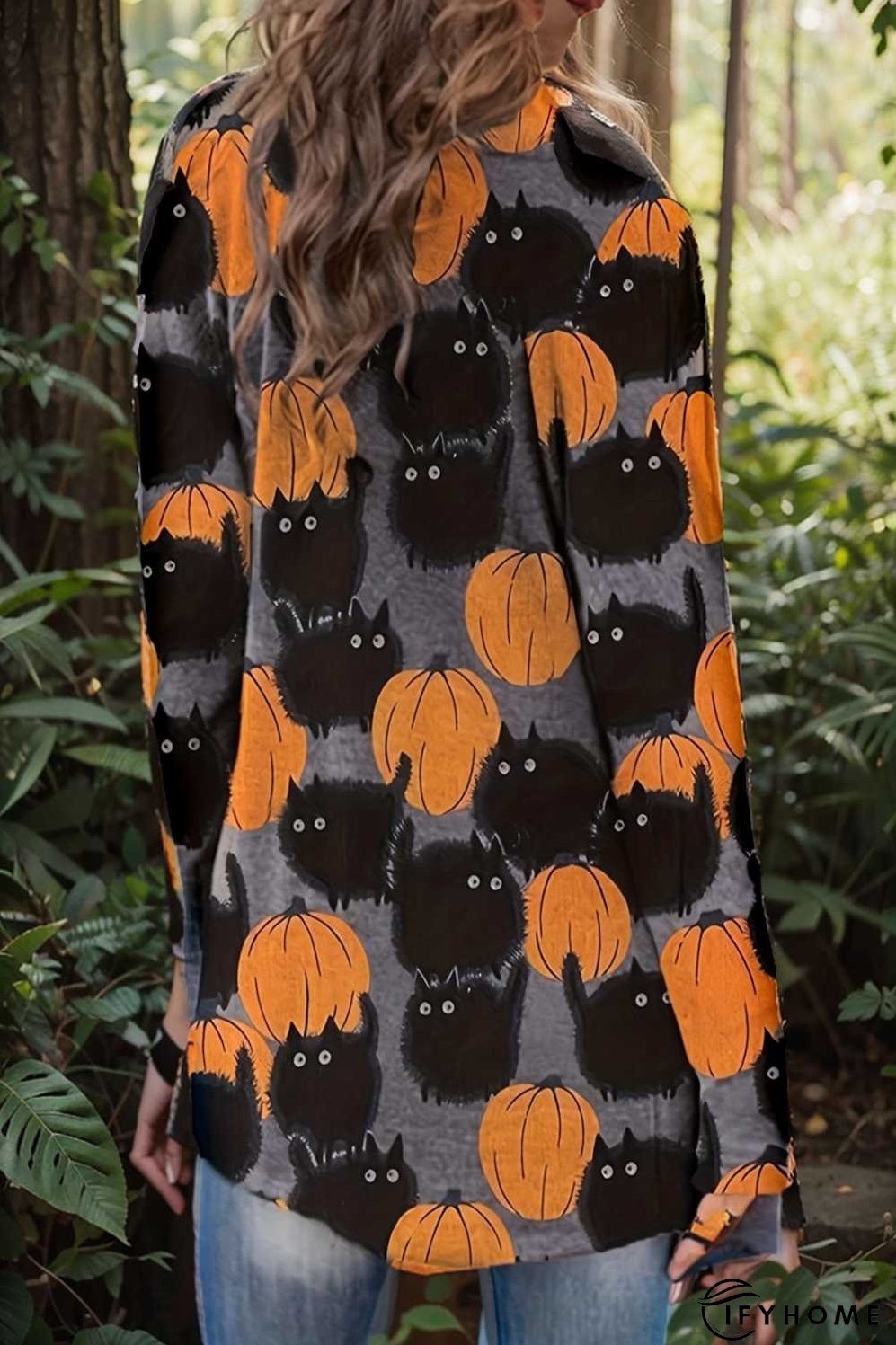plus size halloween coat women s pus allover cat pumpkin print long sleeve open front medium stretch cardigan overcoat | IFYHOME