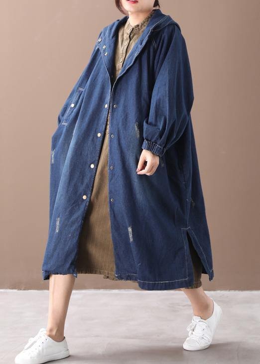 Natural hooded Hole Plus Size outfit denim blue silhouette coats