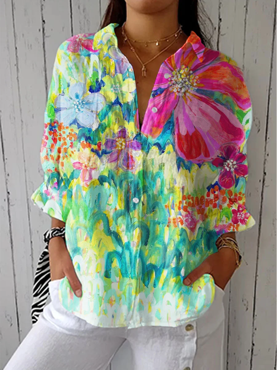 Women's Vintage Colorful Flower Art Print Casual Linen V-neck Shirt