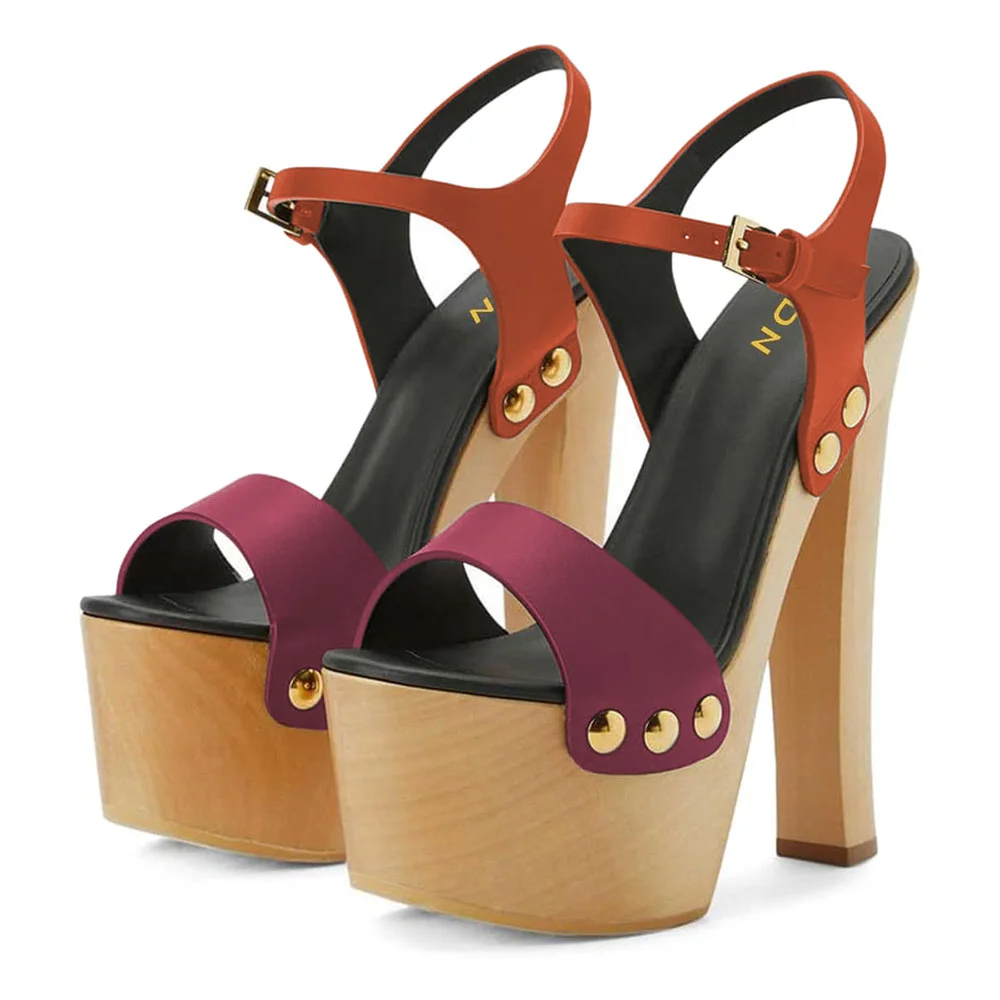 Burgundy & Orange Ankle Strap Open Toe Studded Women Platform Heels