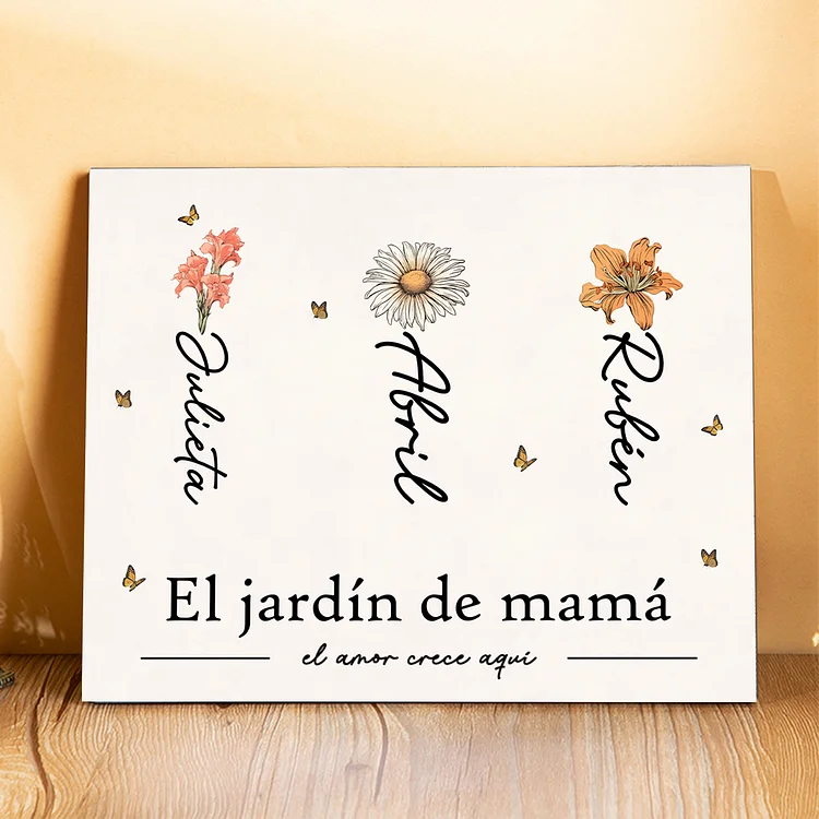 A familia - Lámina 1-12 nombres y flores personalizados con 1 texto marco de madera