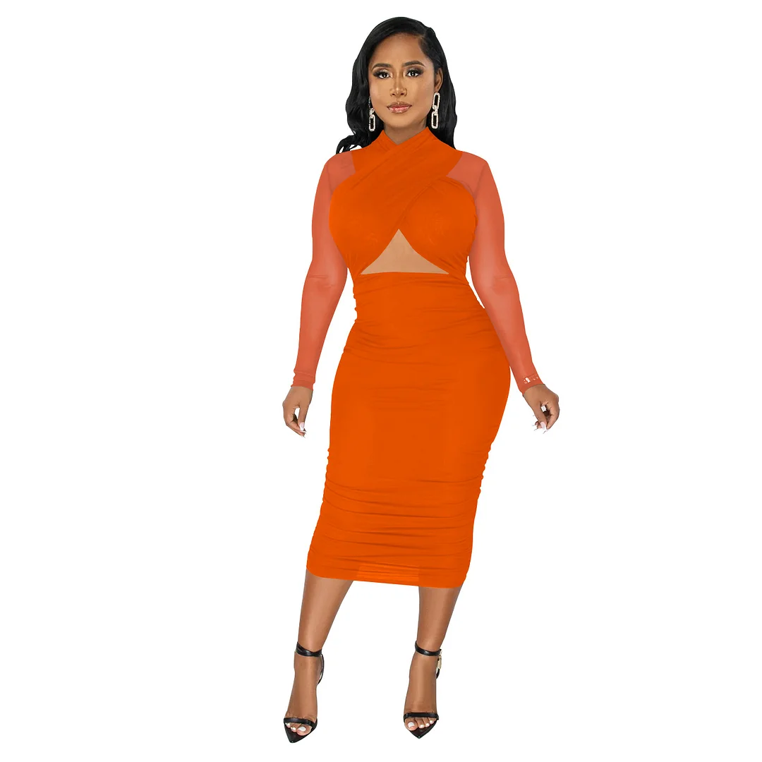 Churchf Churchf Fashion Women's Mesh Long Sleeve Solid Color Wrapped Breast Crop Dress