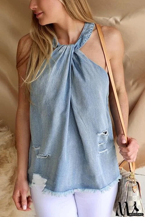 MidiSono - Ripped Raw Edge Halter Neck Top