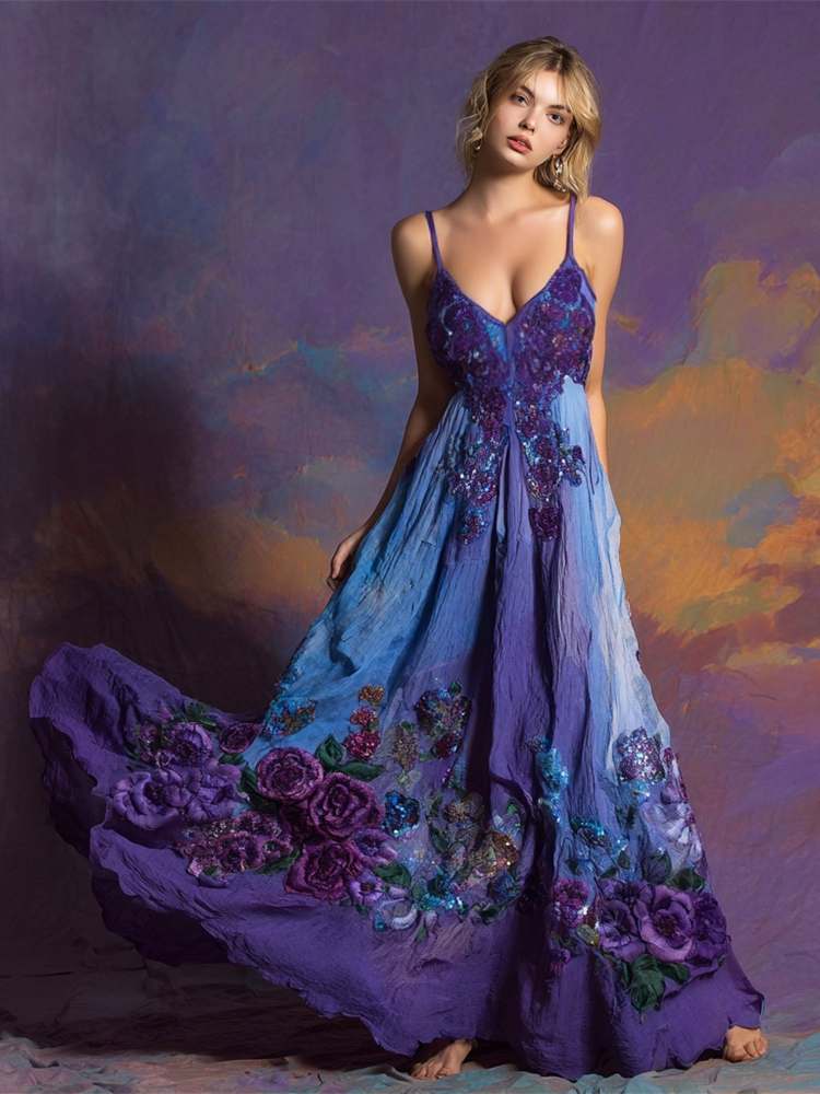 Comstylish Vintage Boho Floral Embroidery Women's Spaghetti Strap Linen Maxi Dress
