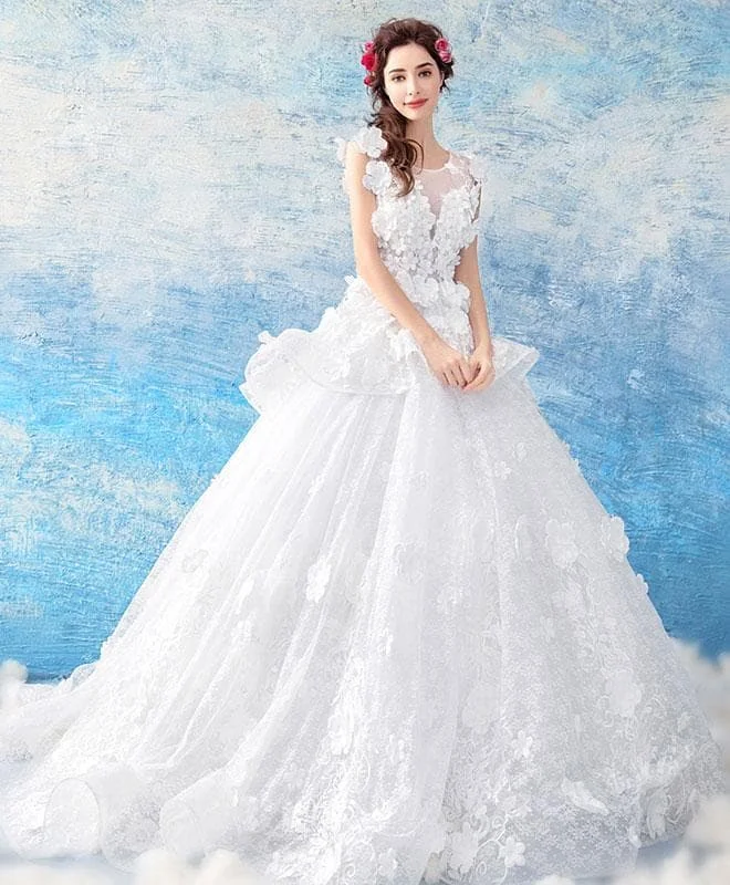 White Round Neck Lace Long Wedding Gown, Lace Wedding Dress