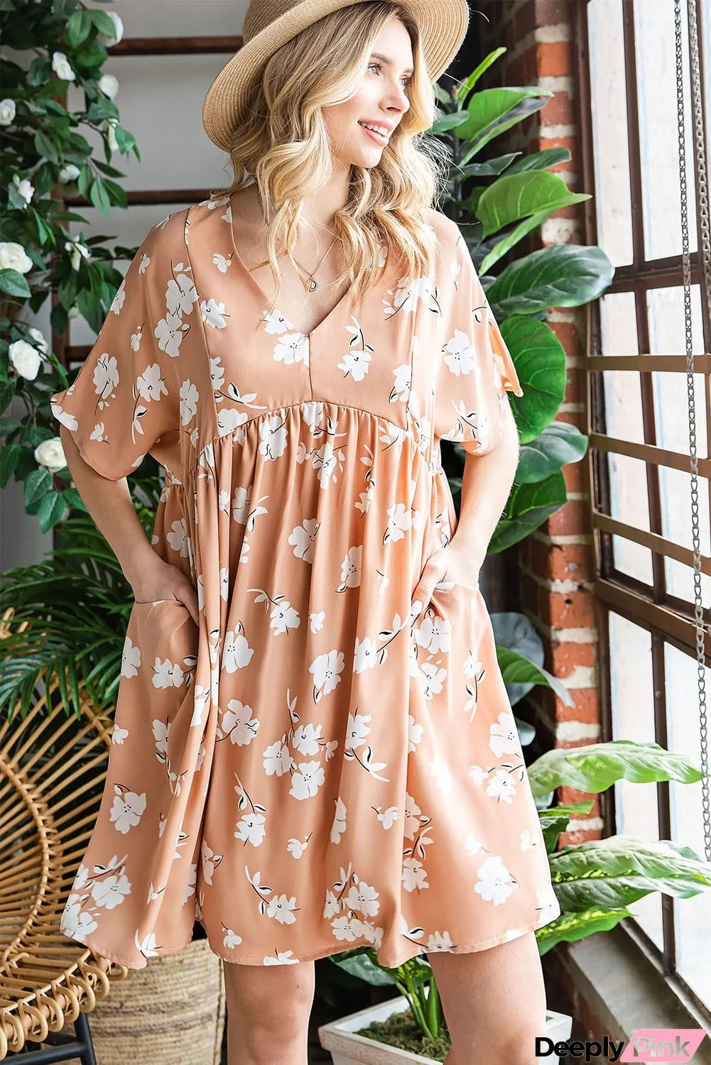 Floral V-Neck Pocket A-Line Dress