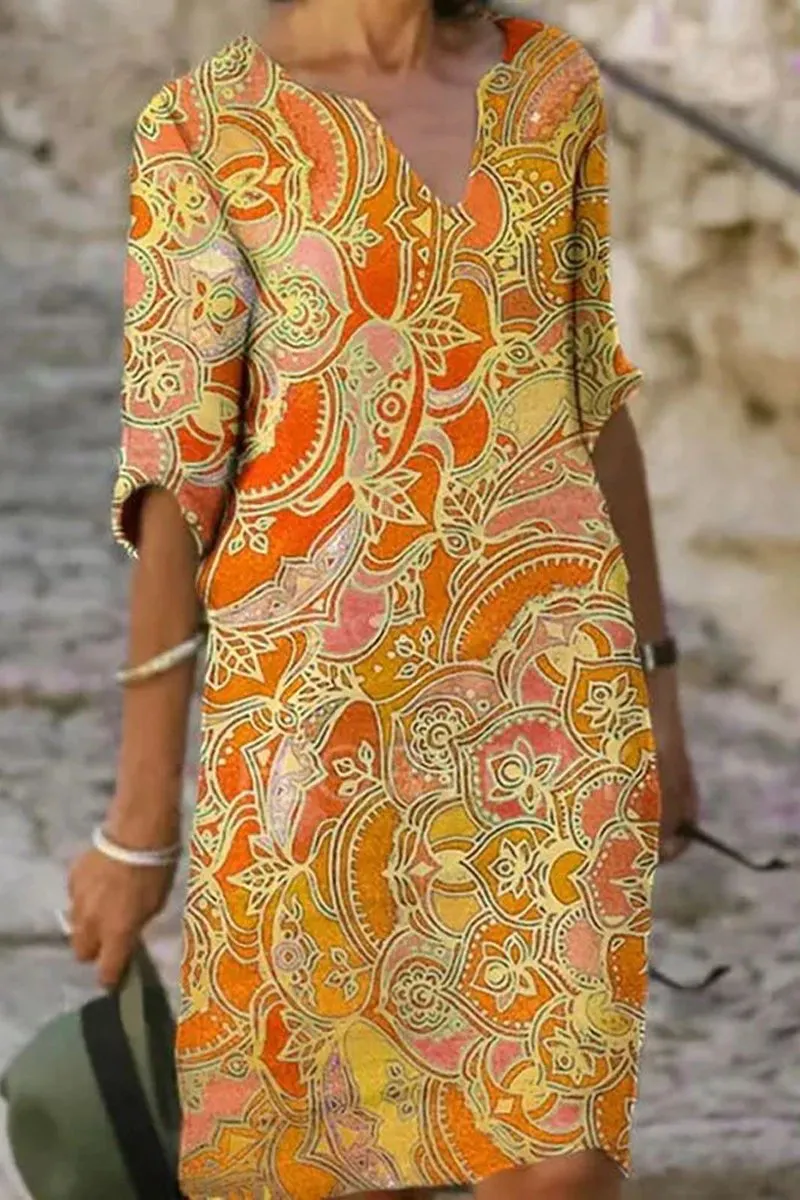 Half Sleeve V-Neck Floral Print Dress