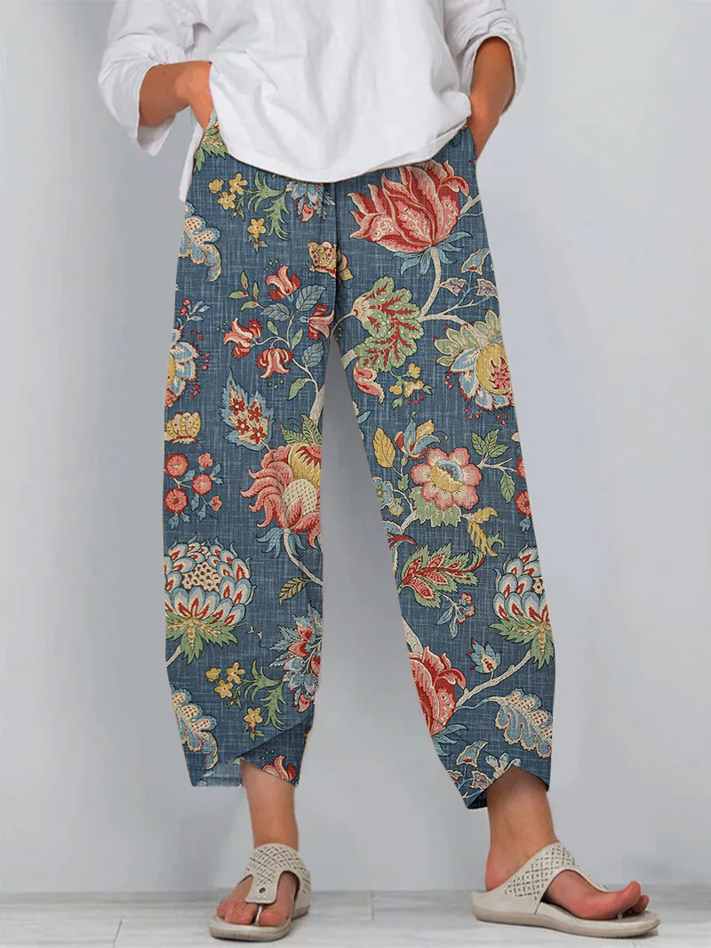 Vintage Floral Art Cropped Casual Pants
