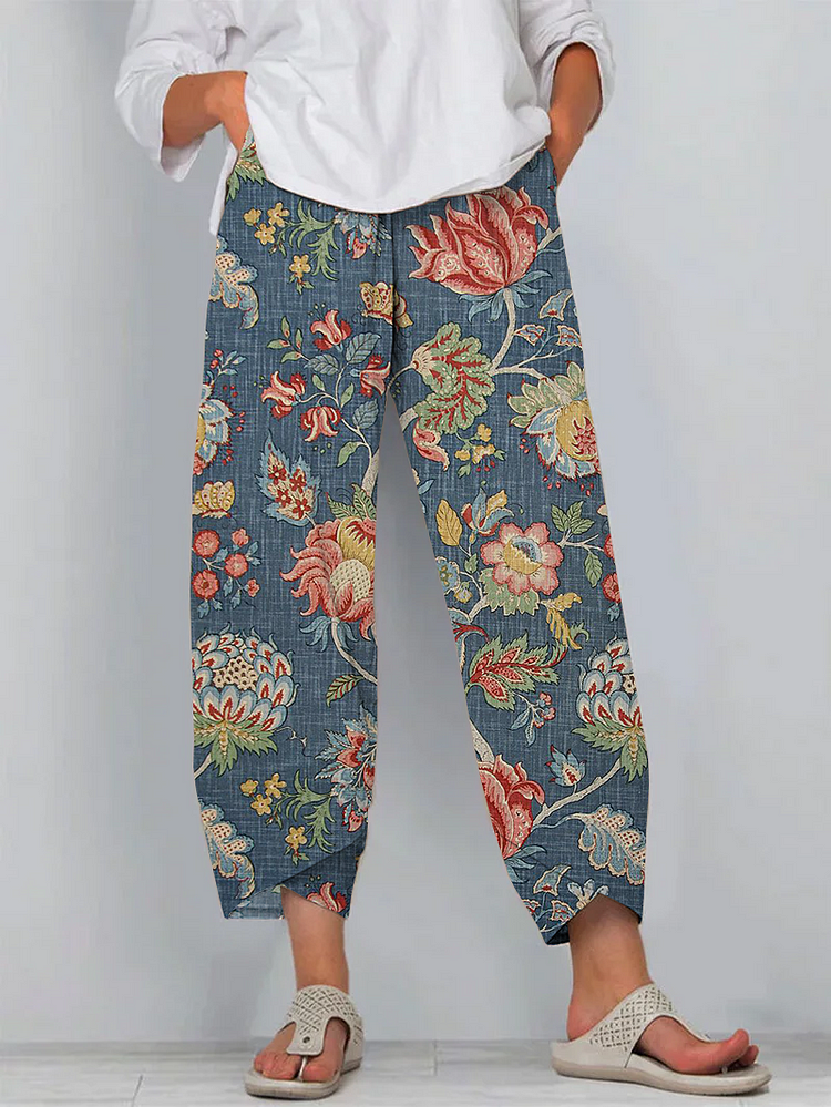 Vintage Floral Art Cropped Casual Pants