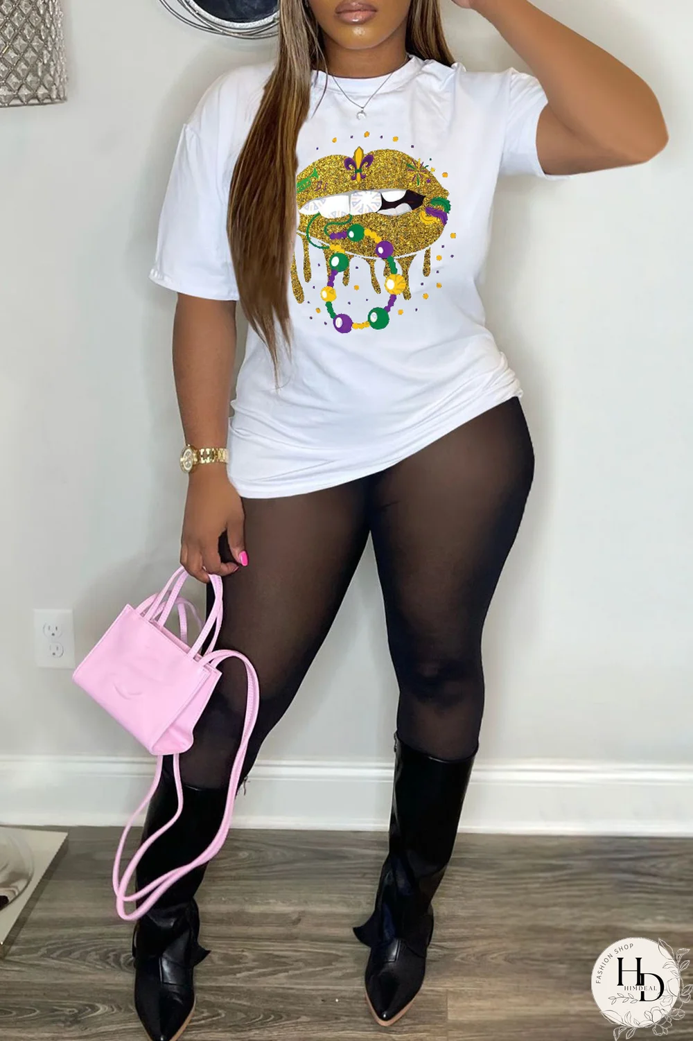 White Party Vintage Lips Printed Patchwork O Neck T-Shirts