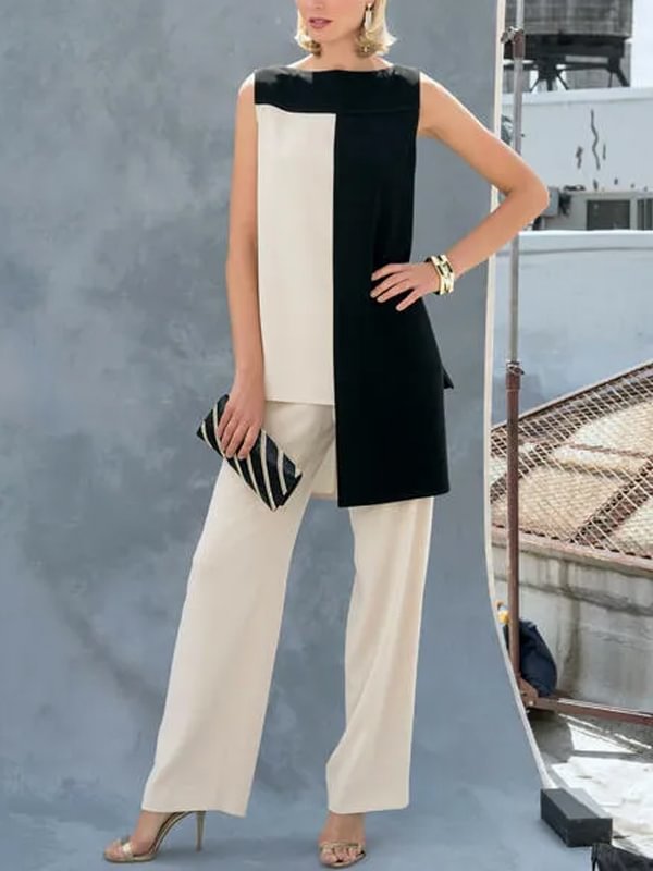 Women's black and white stitching sleeveless trousers suit