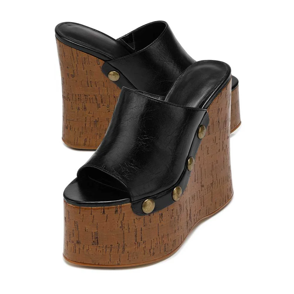 Women's Classic Black Open Toe Studded Platform Wedge Heeled Mules