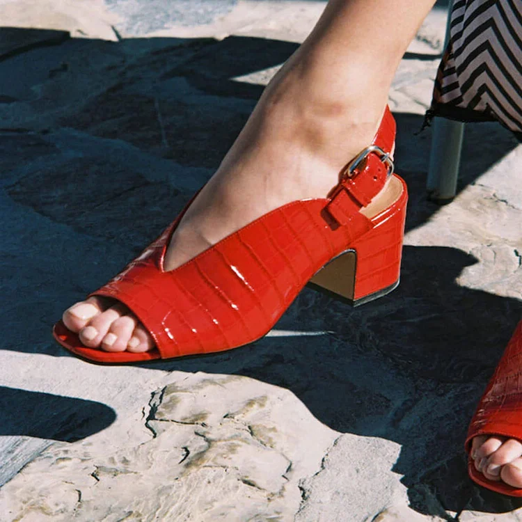 Red Croco Embossed Patent Leather Square Toe Slingback Block Heels |FSJ Shoes