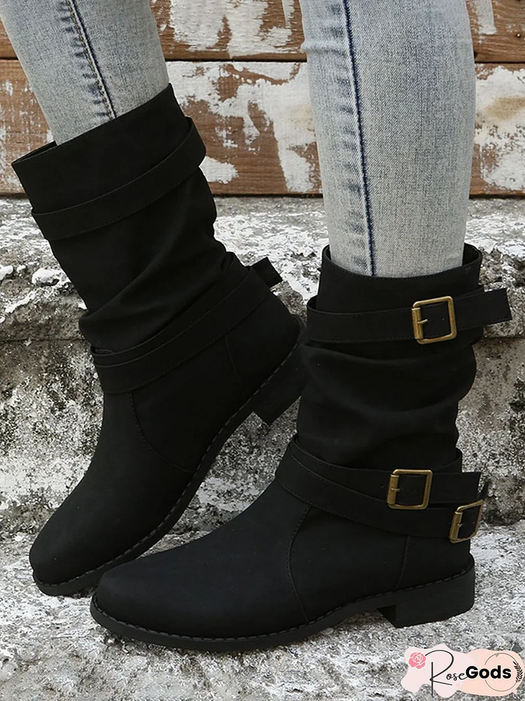 Ruched Buckle Casual Leather Booties