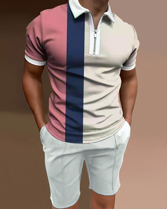 Men's polo shirt colorblock stripe two piece set