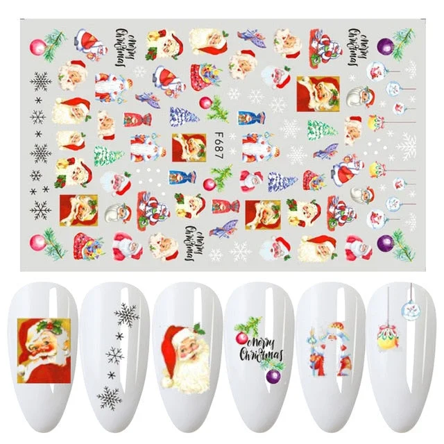 Merry Christmas 3D Nails Sticker Winter Cute Cartoon Sliders Snowflake Elk Xmas Tree Decal UV Gel Polisn Manicures Foils Decor-Nail Inspo