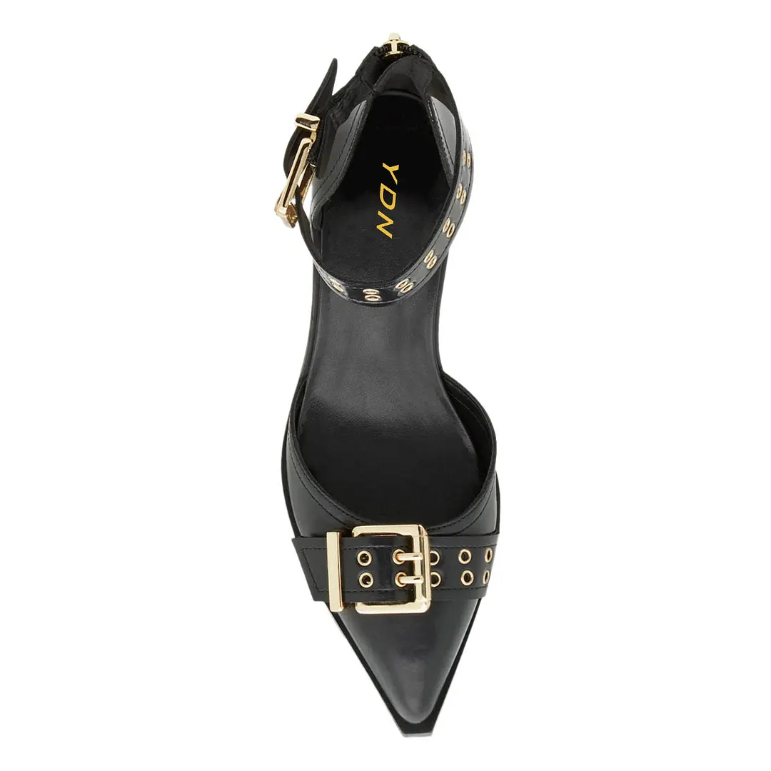 Vegan Leather Block Heel Grommet Ankle Strap Pumps Shoes in Black