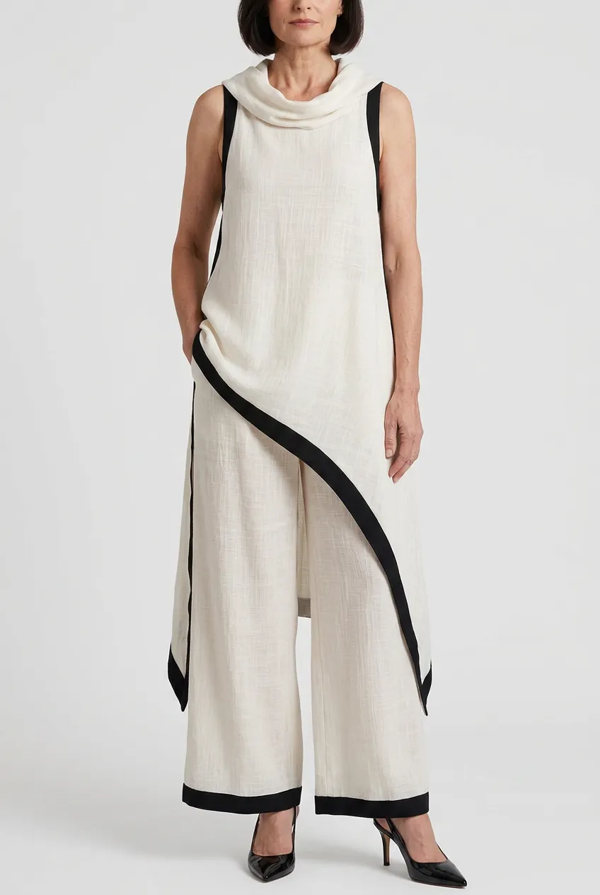 Asymmetric Linen-Rayon Sleeveless Set with Cowl Neck