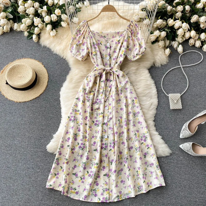 Croysier Floral Dress Women Summer Square Neck Elegant Midi Dress With Belt Short Puff Sleeve Front Button Vacation Casual Dress