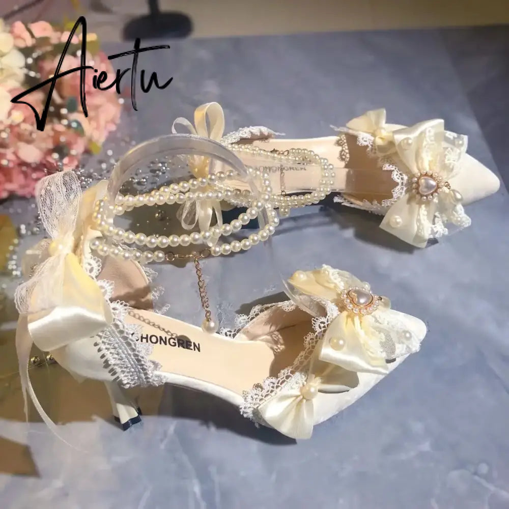 Aiertu White Bridal Shoe Wedding Shoes for Women Luxury Designer Mary Jane Elegant Woman Heeled Shoes Designer Heels Y2k Style Shoes Aiertu