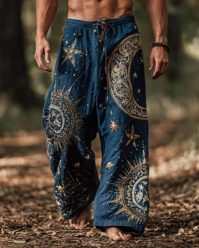 Men's casual star and moon 3D embroidered linen trousers ae13