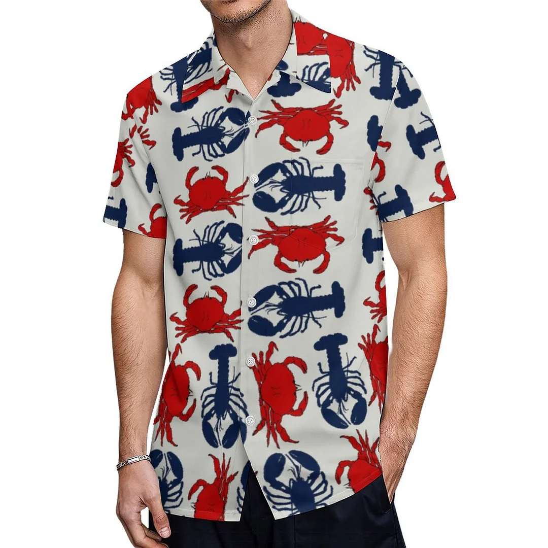 Short Sleeve Red Crabs Navy Blue Lobsters Hawaiian Shirt Mens Button Down Plus Size Tropical Hawaii Beach Shirts