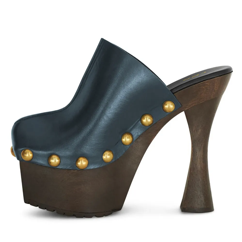 YDN Trendy Navy Round Toe Studded Spool Heel Platform Mules