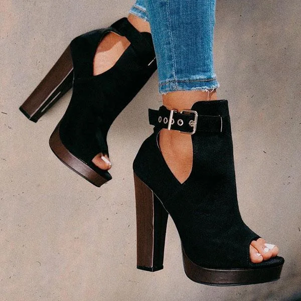 Platform Peep Toe Ankle Booties Chunky Block Heel Dress Boots