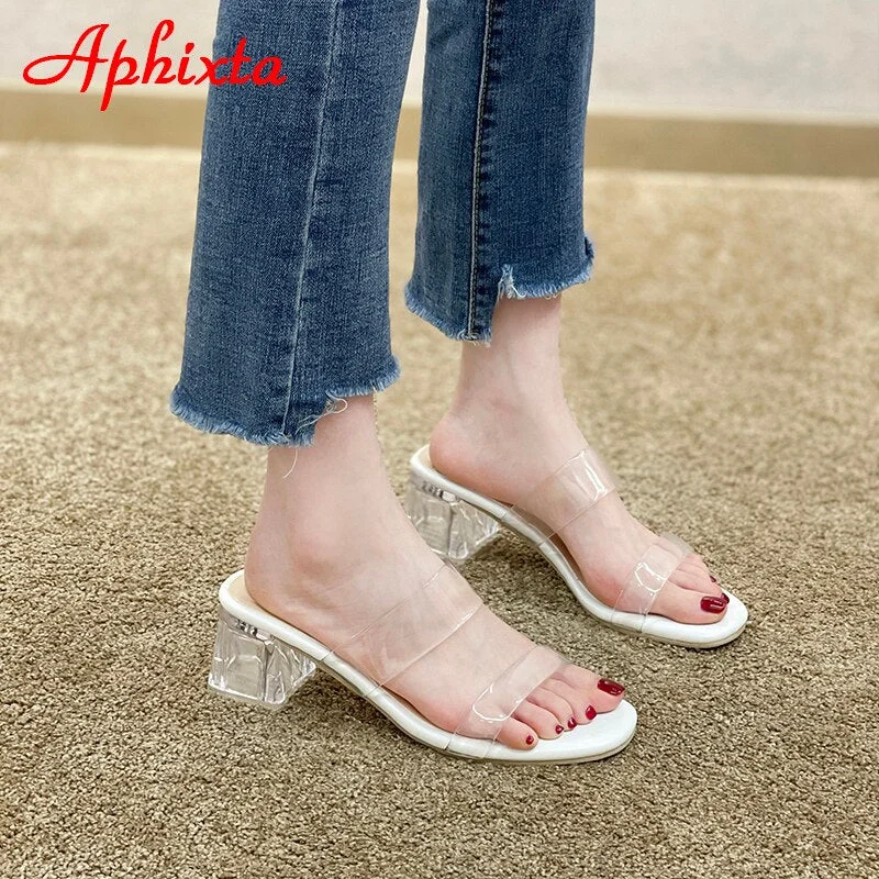 Aphixta 2021 New Transparent 2.36 Inch Square Heels Slippers Women Summer Cool Mules Peep Toe Flip Flops Shoes Plus Size 42 43