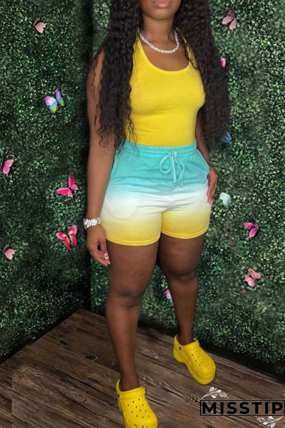 Fluorescent Green Casual Gradual Change Print Patchwork U Neck Sleeveless Two Pieces