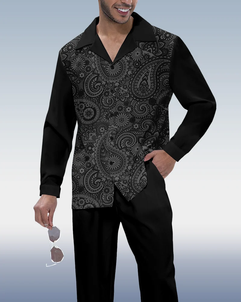 Suitmens Men's Retro Cashew Flower Print Long Sleeve Shirt Walking Suit 325