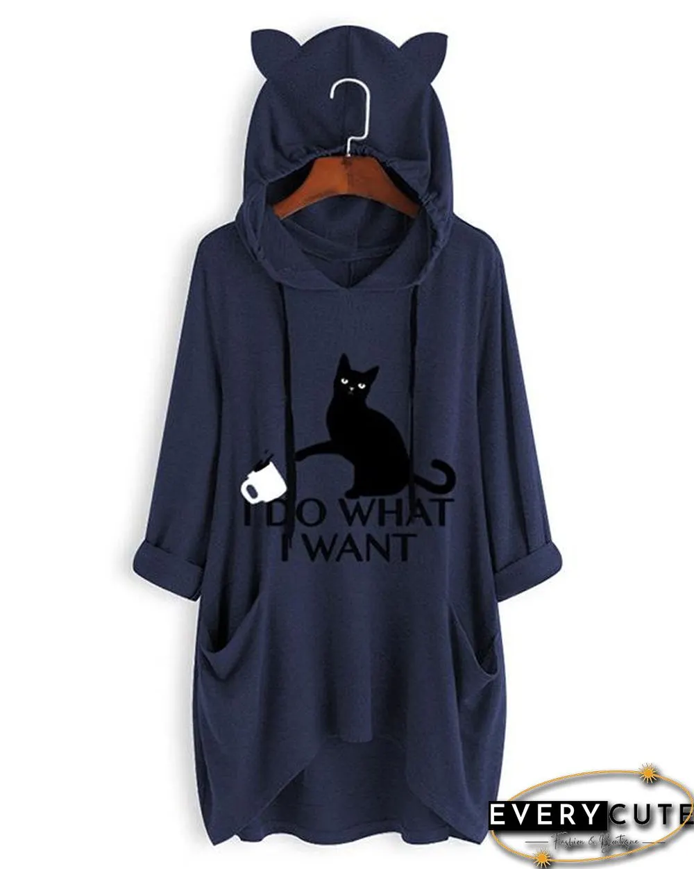 I DO WHAT I WANT Cute Cat Print Irregualr 3/4 Sleeve Plus Size Hoodie