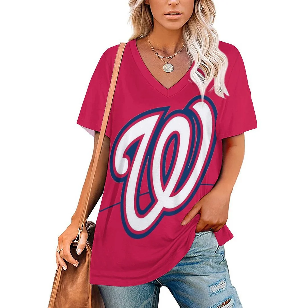 V-neck Short Sleeve Casual T-shirt for  Women Printed with Pattern , Blue, Red