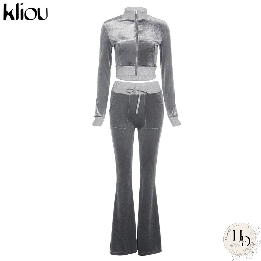 Kliou Solid Velour Two Piece Set Women Simple Casual Zipper Long Sleeve Turtleneck