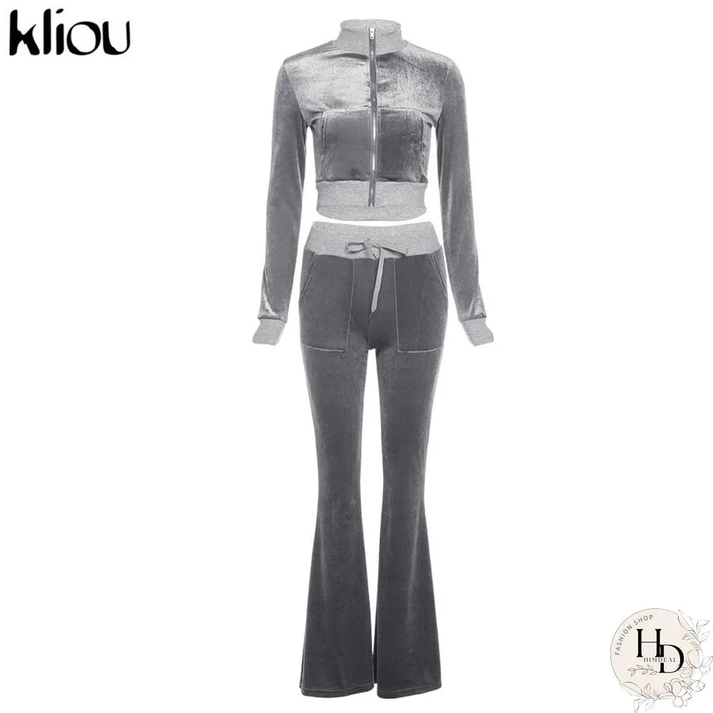 Kliou Solid Velour Two Piece Set Women Simple Casual Zipper Long Sleeve Turtleneck